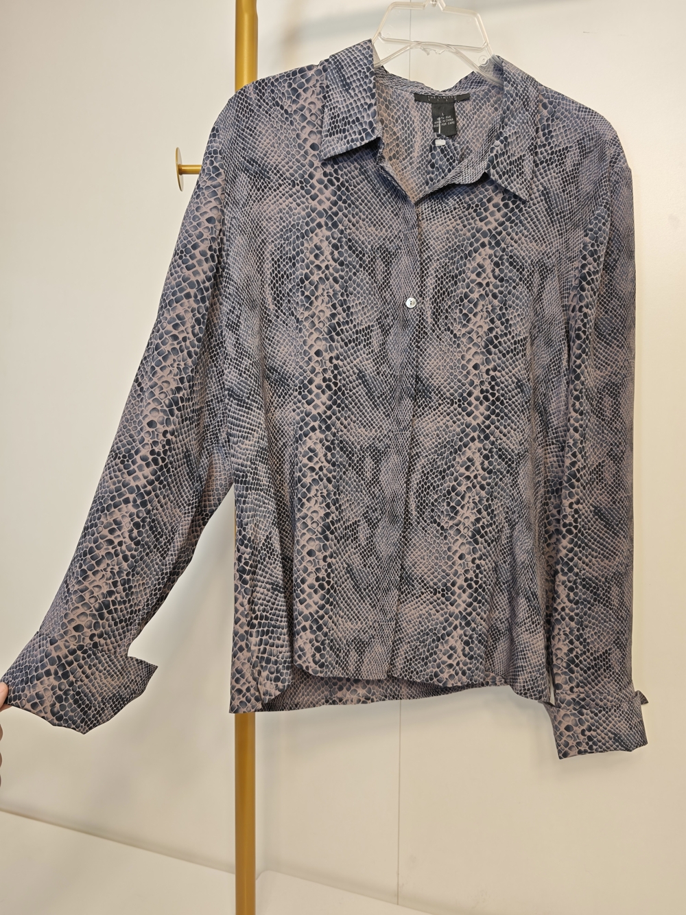Office Silk The Limited Snake-Print Button Down Blouse in Pink and Gray